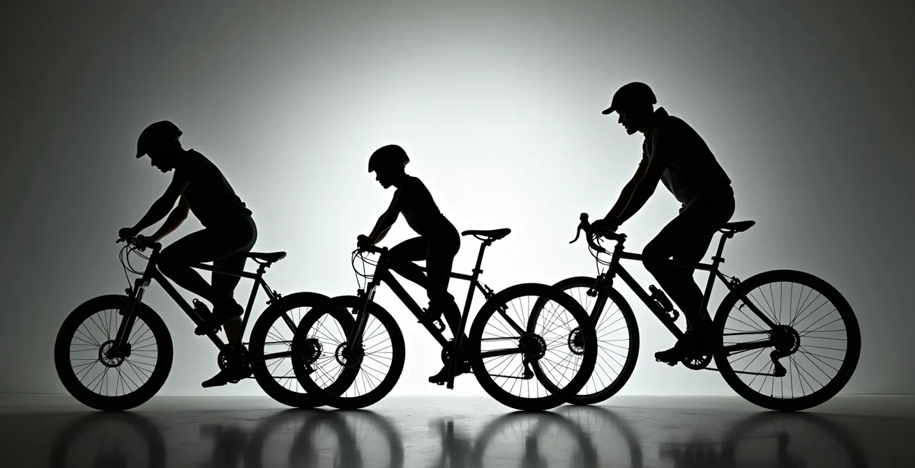 Vue latérale comparative de différents types de vélos montrant les incompatibilités de taille