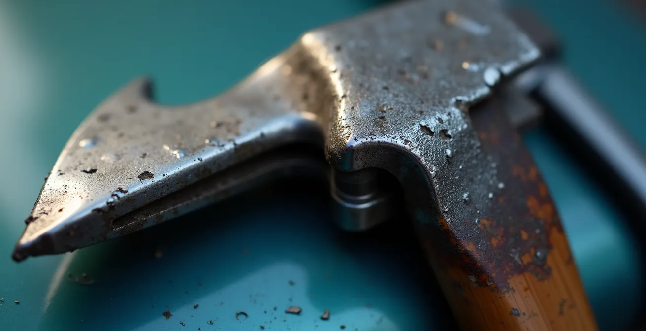 Détail en macro d'une fixation de cadre de porte-vélo montrant des signes d'usure