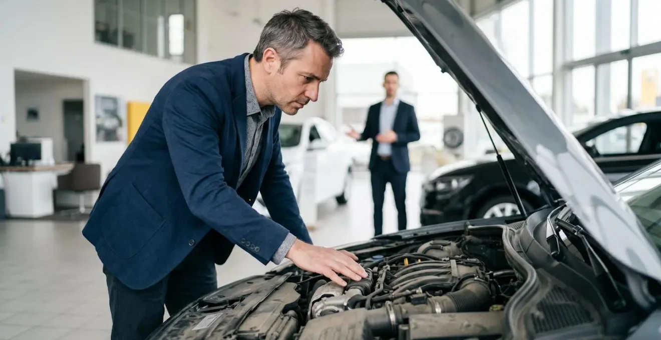 Un acheteur examine attentivement le compartiment moteur d'une voiture d'occasion aux côtés d'un vendeur, dans une concession automobile française.