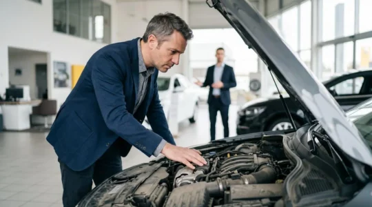 Un acheteur examine attentivement le compartiment moteur d'une voiture d'occasion aux côtés d'un vendeur, dans une concession automobile française.