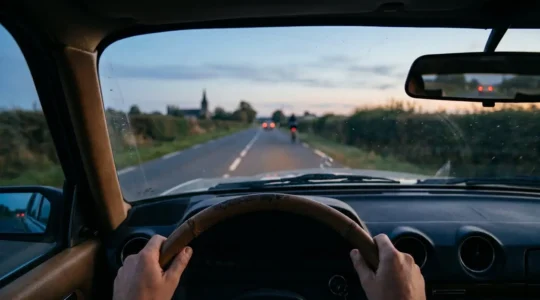 Conducteur concentre scrutant la route a travers son pare-brise pour anticiper un danger quelques secondes a l'avance