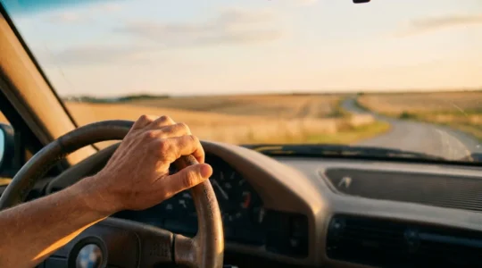 Conducteur serein sur une route de campagne française au lever du jour, symbole des automatismes d'éco-conduite