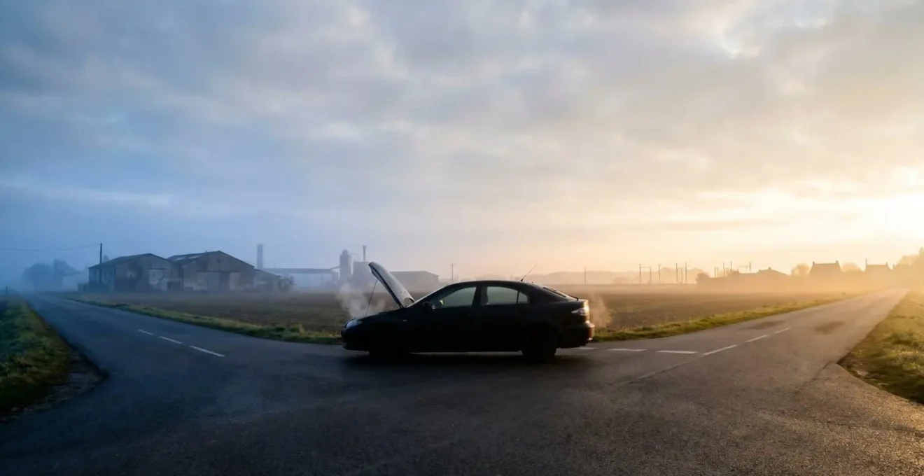 Route française se divisant en deux chemins au crépuscule, symbolisant les choix automobiles décisifs de la prochaine décennie