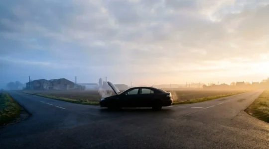 Route française se divisant en deux chemins au crépuscule, symbolisant les choix automobiles décisifs de la prochaine décennie