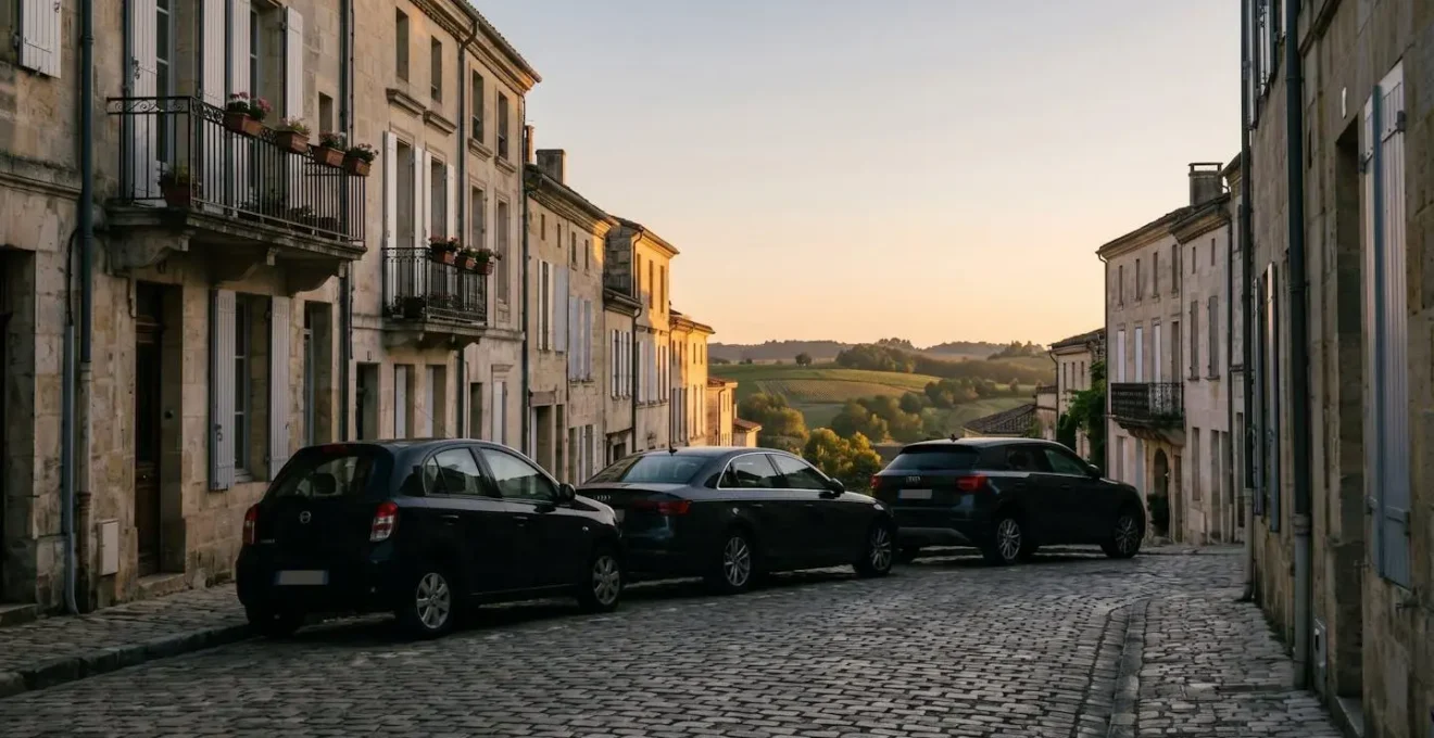 Trois silhouettes de véhicules françaises typiques - une citadine, une berline et un SUV - alignées sur une route qui traverse un centre-ville puis la campagne, symbolisant le choix selon les trajets réels