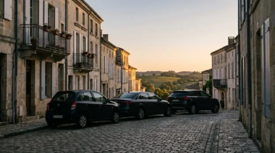 Trois silhouettes de véhicules françaises typiques - une citadine, une berline et un SUV - alignées sur une route qui traverse un centre-ville puis la campagne, symbolisant le choix selon les trajets réels