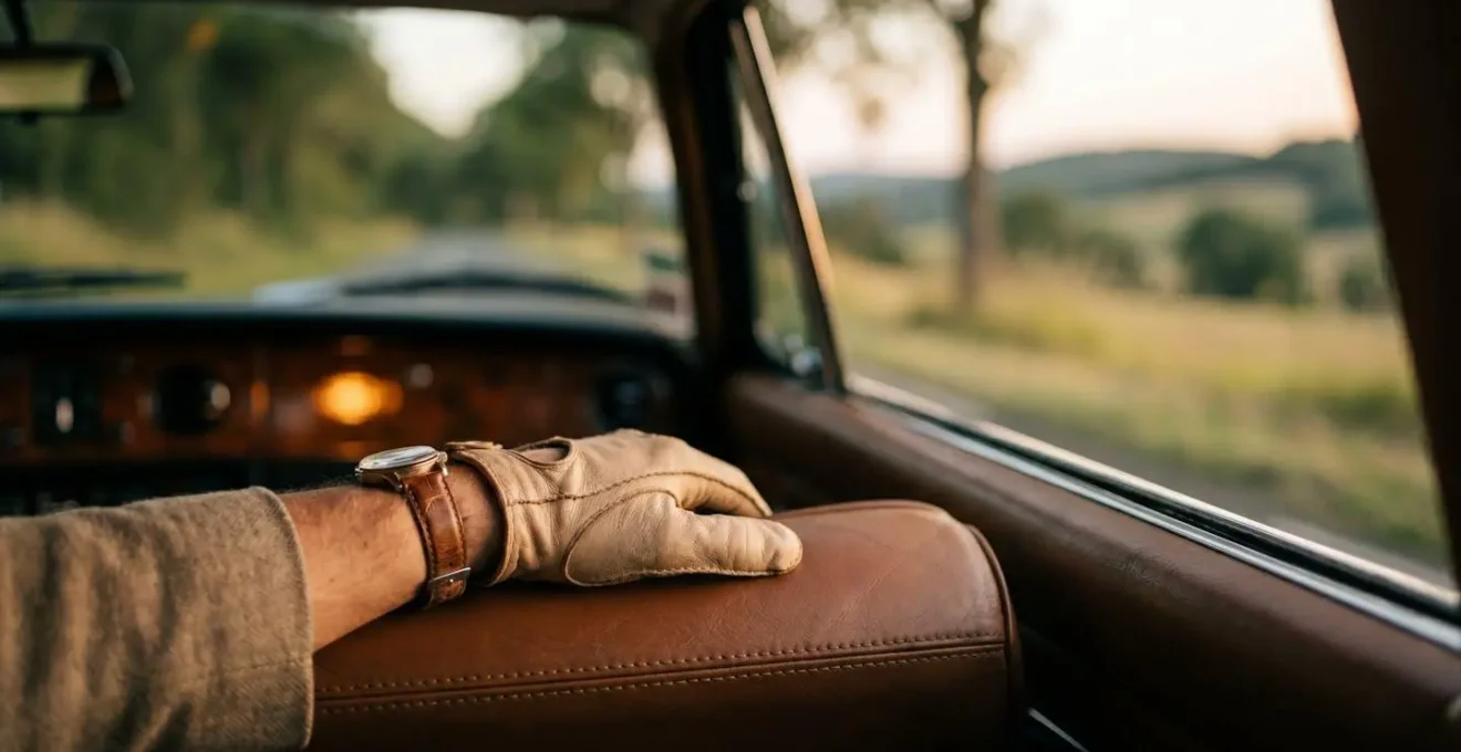 Interieur premium d'une voiture avec une main effleurant une garniture en cuir cousu, ambiance de conduite haut de gamme