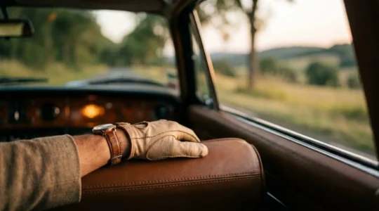 Interieur premium d'une voiture avec une main effleurant une garniture en cuir cousu, ambiance de conduite haut de gamme