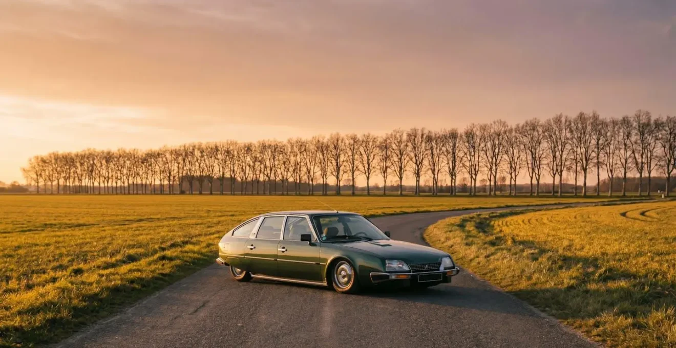Berline Citroen CX vue de profil sur une route de campagne francaise au crepuscule, symbole d'innovation automobile