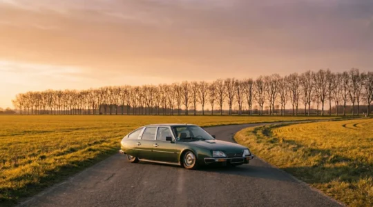 Berline Citroen CX vue de profil sur une route de campagne francaise au crepuscule, symbole d'innovation automobile