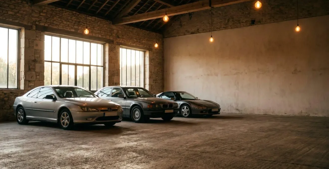 Alignement de plusieurs voitures youngtimers des années 90 dans un garage privé en France, éclairage chaleureux