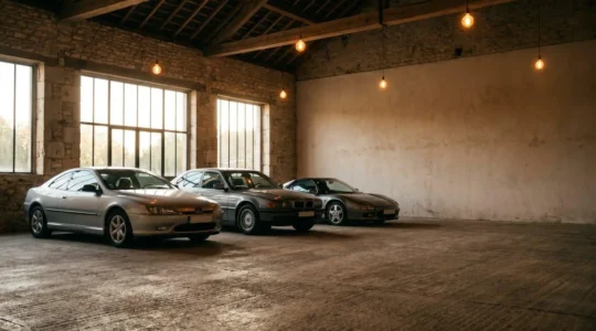 Alignement de plusieurs voitures youngtimers des années 90 dans un garage privé en France, éclairage chaleureux