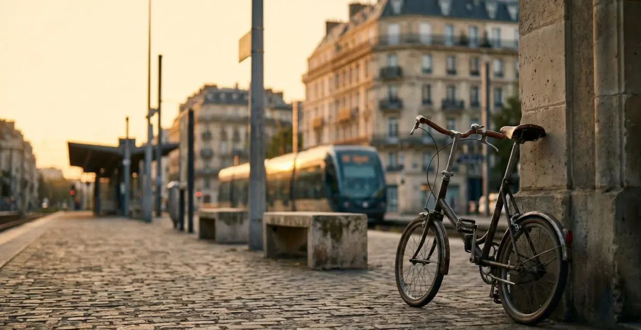 Vélo et sacoche posés sur un quai de gare parisienne au petit matin, symbolisant la combinaison de plusieurs solutions de mobilité