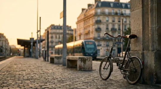 Vélo et sacoche posés sur un quai de gare parisienne au petit matin, symbolisant la combinaison de plusieurs solutions de mobilité