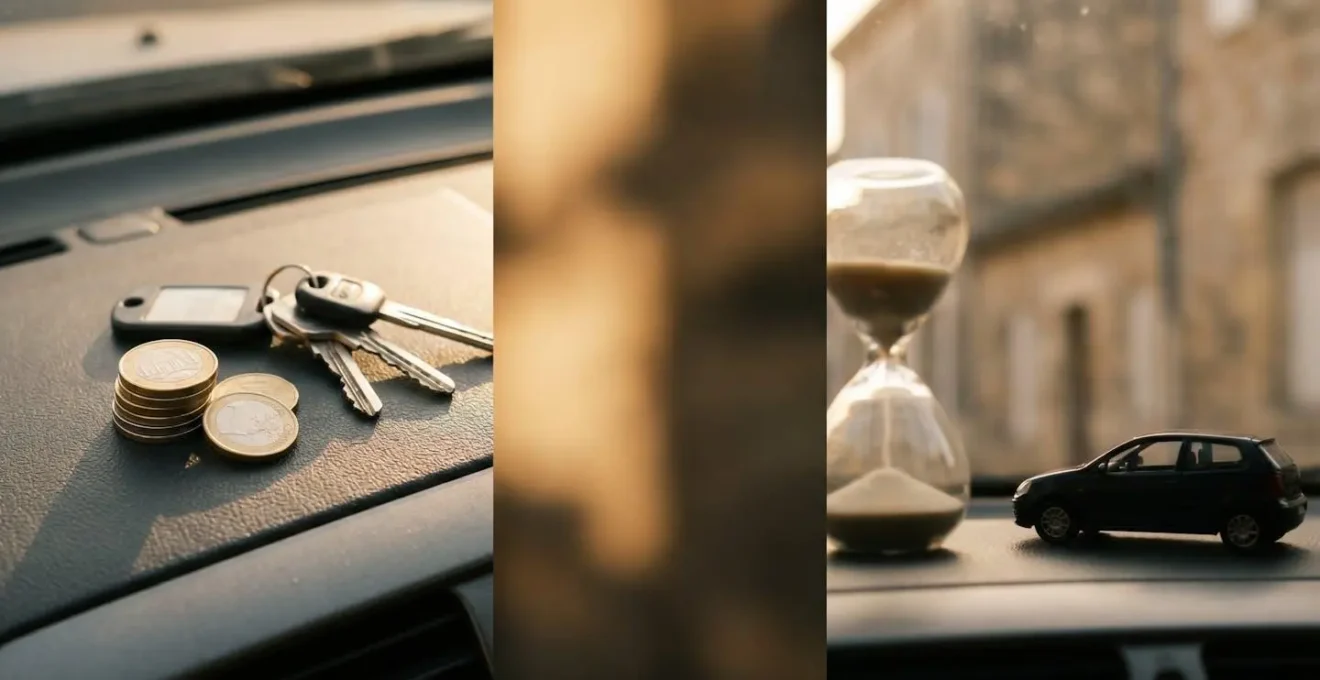 Illustration symbolique montrant l'économie d'argent et de temps grâce à la réservation en ligne d'une voiture de location en France