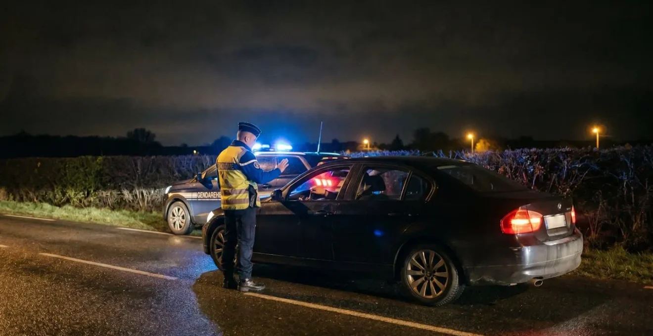 Automobiliste et agent des forces de l'ordre lors d'un contrôle routier de nuit sur une route française, illustrant la tension entre autorité et droits du conducteur