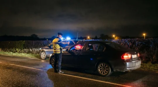Automobiliste et agent des forces de l'ordre lors d'un contrôle routier de nuit sur une route française, illustrant la tension entre autorité et droits du conducteur