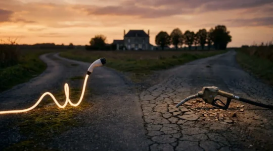Illustration symbolique du dilemme financier entre voiture électrique et thermique pour un automobiliste français en 2024
