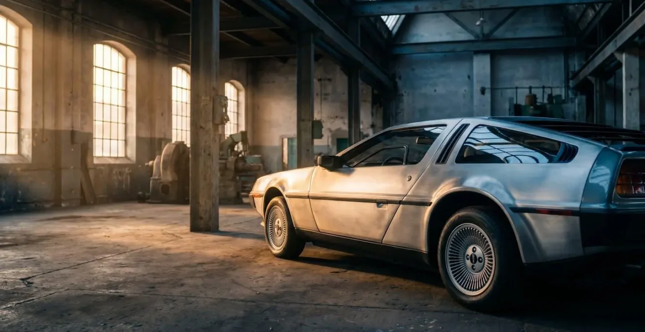 Une DeLorean DMC-12 en acier inoxydable photographiée dans une ambiance mi-hangar mi-galerie d'art, symbolisant le dilemme entre investissement et passion