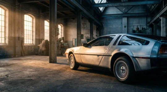 Une DeLorean DMC-12 en acier inoxydable photographiée dans une ambiance mi-hangar mi-galerie d'art, symbolisant le dilemme entre investissement et passion