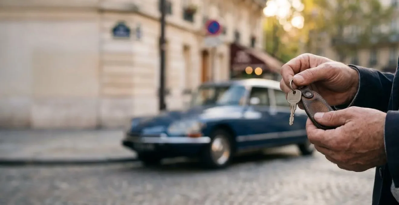 Automobiliste français consultant ses documents de vehicule pres d'une voiture, dans une ambiance urbaine francaise moderne