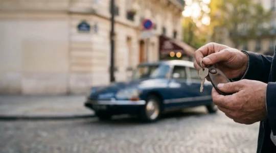 Automobiliste français consultant ses documents de vehicule pres d'une voiture, dans une ambiance urbaine francaise moderne