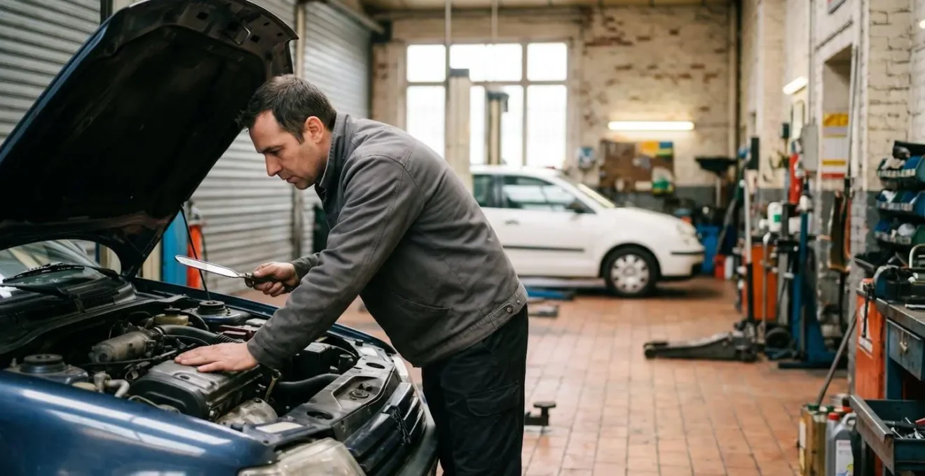 Un expert automobile examine attentivement le moteur d'une voiture d'occasion dans un garage en France avant l'achat