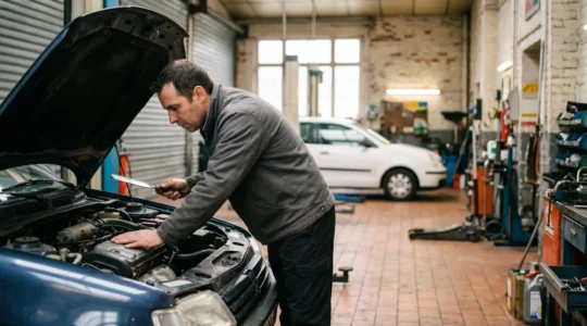 Un expert automobile examine attentivement le moteur d'une voiture d'occasion dans un garage en France avant l'achat