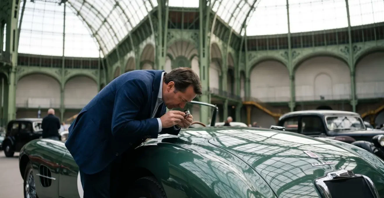 Un expert examine à la loupe les détails de carrosserie d'une voiture de collection élégante dans un salon automobile français baigné de lumière naturelle.