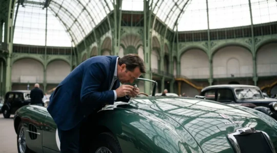 Un expert examine à la loupe les détails de carrosserie d'une voiture de collection élégante dans un salon automobile français baigné de lumière naturelle.