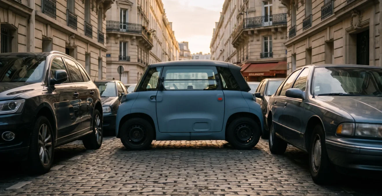 Une petite citadine compacte garée aisément dans un créneau étroit d'une rue parisienne typique, illustrant la facilité de stationnement en ville