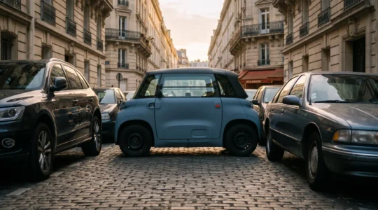 Une petite citadine compacte garée aisément dans un créneau étroit d'une rue parisienne typique, illustrant la facilité de stationnement en ville