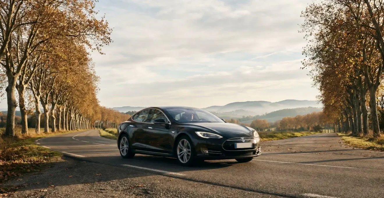 Voiture berline roulant sur une route départementale française bordée d'arbres, illustrant un freinage anticipé et maîtrisé