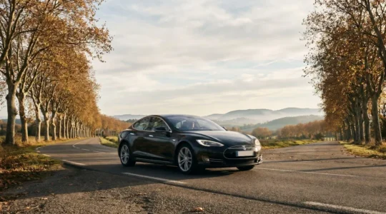 Voiture berline roulant sur une route départementale française bordée d'arbres, illustrant un freinage anticipé et maîtrisé