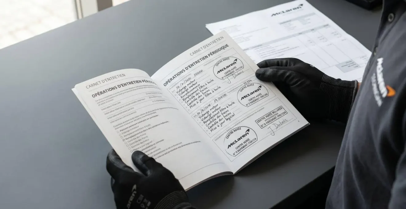 Gros plan d'un carnet d'entretien McLaren ouvert montrant des tampons officiels de centre agréé, tenu par des mains gantées de technicien automobile, avec facture détaillée visible en arrière-plan