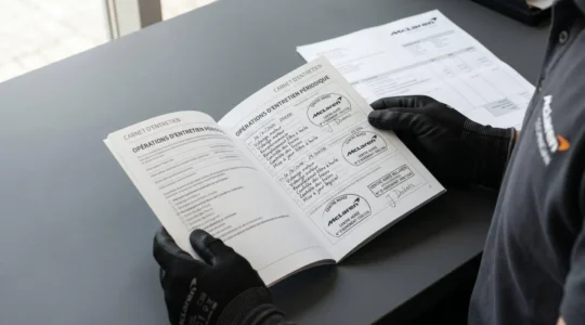 Gros plan d'un carnet d'entretien McLaren ouvert montrant des tampons officiels de centre agréé, tenu par des mains gantées de technicien automobile, avec facture détaillée visible en arrière-plan