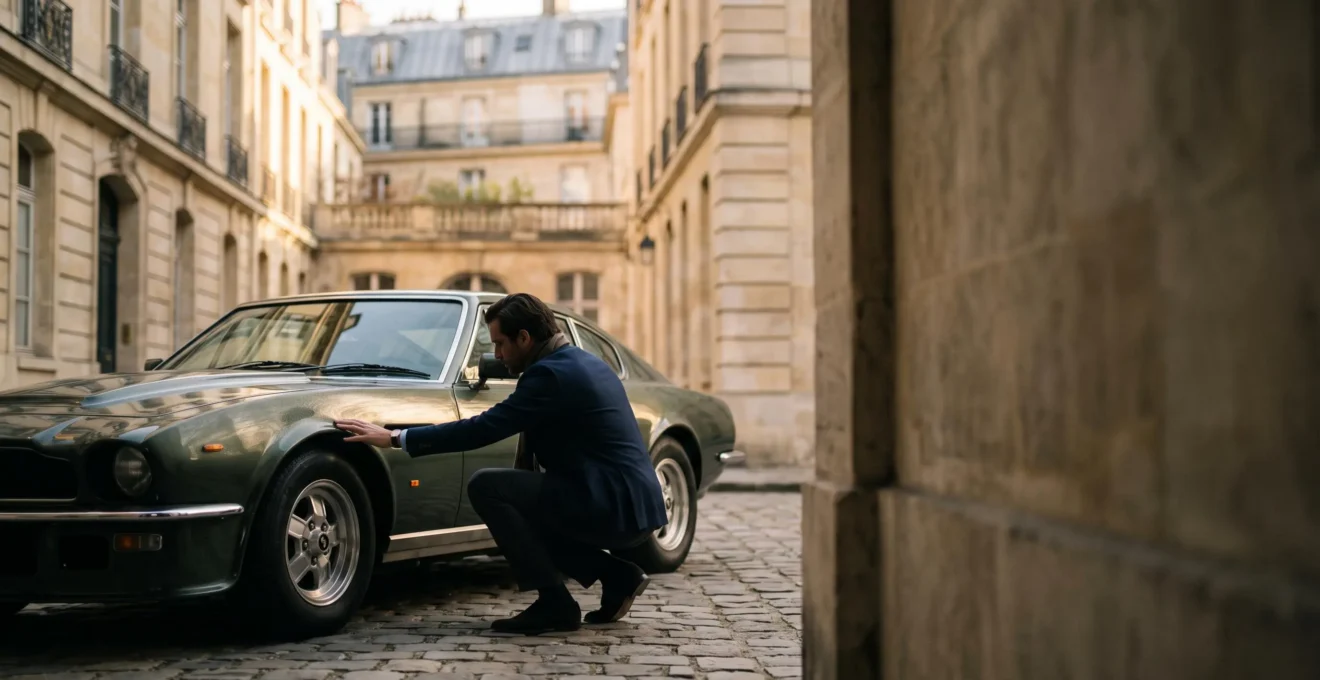 Silhouette inspectant discrètement une voiture de sport premium garée dans une cour pavée à l'architecture haussmannienne, lumière dorée de fin de journée