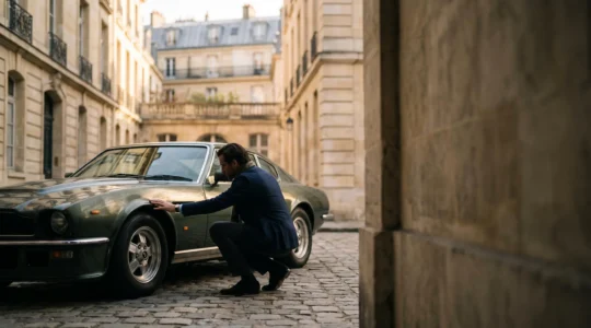 Silhouette inspectant discrètement une voiture de sport premium garée dans une cour pavée à l'architecture haussmannienne, lumière dorée de fin de journée
