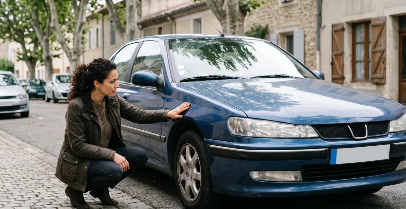 Un acheteur examine attentivement la carrosserie et le moteur d'une voiture d'occasion garée dans une rue française avant de l'acheter