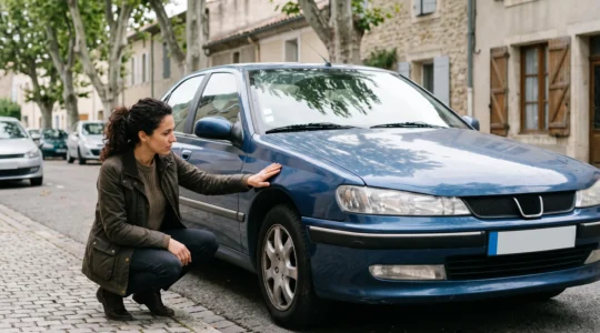 Un acheteur examine attentivement la carrosserie et le moteur d'une voiture d'occasion garée dans une rue française avant de l'acheter