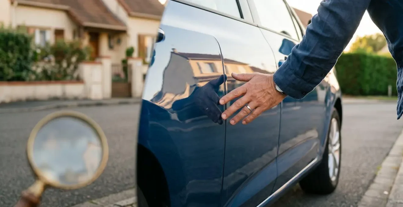 Main d'un acheteur examinant attentivement la carrosserie d'une voiture d'occasion dans un cadre lumineux, symbolisant la vigilance avant achat