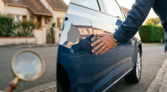 Main d'un acheteur examinant attentivement la carrosserie d'une voiture d'occasion dans un cadre lumineux, symbolisant la vigilance avant achat