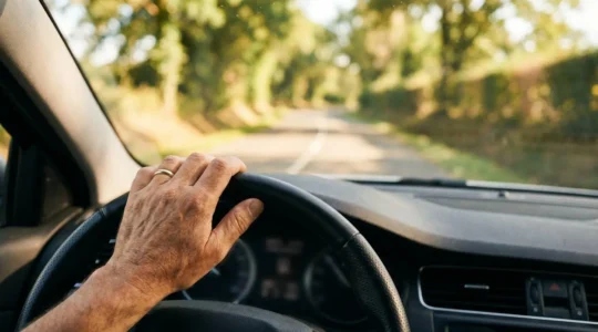 Conducteur français gardant les mains détendues sur le volant lors d'un trajet économe en carburant sur une route de campagne