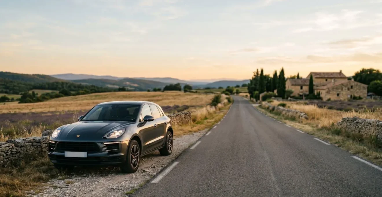 Véhicule automobile sur route avec paysage français en arrière-plan