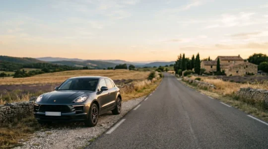Véhicule automobile sur route avec paysage français en arrière-plan