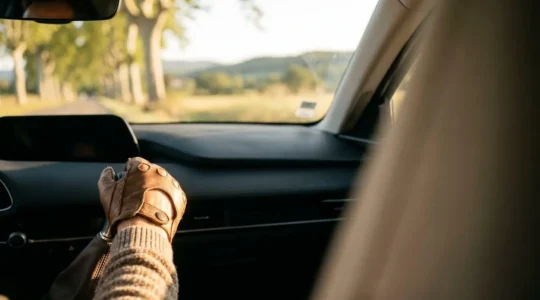 Main du conducteur posée avec douceur sur le levier de vitesses d'une voiture, dans une ambiance de conduite sereine en France