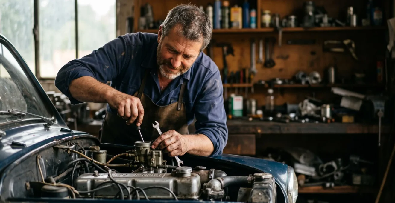 Mécanicien passionné travaillant sur une voiture ancienne française dans un garage authentique