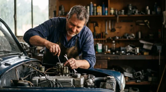 Mécanicien passionné travaillant sur une voiture ancienne française dans un garage authentique