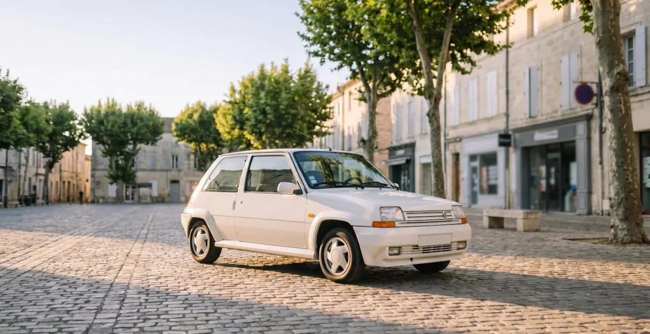 Peugeot 205 GTI blanche stationnée sur une place pavée typique d'un village français, symbole intemporel de l'automobile française