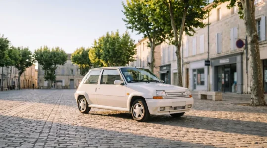 Peugeot 205 GTI blanche stationnée sur une place pavée typique d'un village français, symbole intemporel de l'automobile française